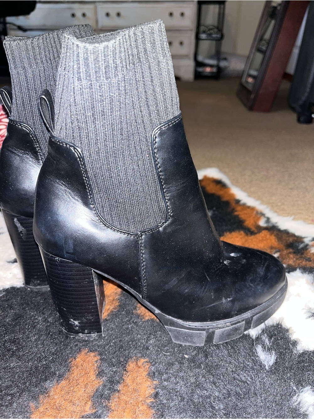 Women's Black Ankle Boot with Knit Shaft - Chunky Heel